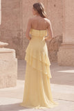 Strapless Ruffled Yellow A Line Maxi Prom Dress