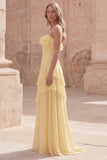 Strapless Ruffled Yellow A Line Maxi Prom Dress