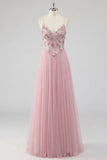 Pink A Line Appliqued Tulle Maxi Prom Dress