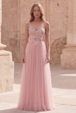 Pink A Line Appliqued Tulle Maxi Prom Dress