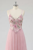 Pink A Line Appliqued Tulle Maxi Prom Dress