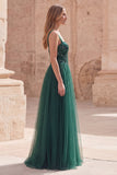 Dark Green Tulle A Line Appliqued Maxi Prom Dress