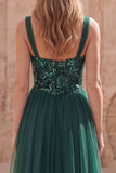 Dark Green Tulle A Line Appliqued Maxi Prom Dress