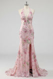 Halter Pink Sequin Mermaid Appliqued Maxi Prom Dress