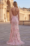Halter Pink Sequin Mermaid Appliqued Maxi Prom Dress
