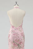 Halter Pink Sequin Mermaid Appliqued Maxi Prom Dress