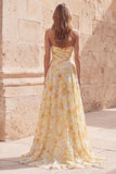 Strapless Printed Ruched Yellow A Line Prom Dress