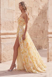 Strapless Printed Ruched Yellow A Line Prom Dress