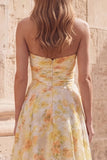 Strapless Printed Ruched Yellow A Line Prom Dress