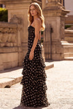 Tiered Strapless Polka Dot Black Corset Prom Dress
