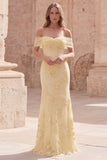 Off the Shoulder Mermaid Appliqued Yellow Maxi Prom Dress