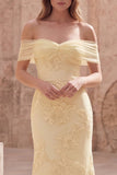 Off the Shoulder Mermaid Appliqued Yellow Maxi Prom Dress