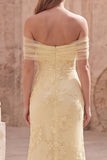 Off the Shoulder Mermaid Appliqued Yellow Maxi Prom Dress