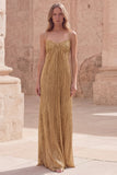 Metallic Gold Sheath Pleated Maxi Prom Dress