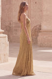 Metallic Gold Sheath Pleated Maxi Prom Dress