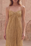 Metallic Gold Sheath Pleated Maxi Prom Dress