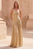 Metallic Strapless Gold Ruched A Line Maxi Prom Dress