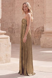 Metallic Strapless Dark Gold Pleated Prom Dress with Slit