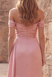 Off the Shoulder Mermaid Satin Ruched Pink Prom Dress