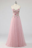 Pink Strapless A Line Appliqued Tulle Prom Dress