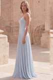 Sky Blue Pleated A Line Maxi Prom Dress