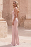 Pink Satin Ruched Mermaid Maxi Prom Dress