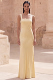 Yellow Satin Cut Out Sheath Prom Dress with Streamer