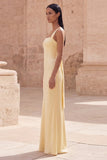 Yellow Satin Cut Out Sheath Prom Dress with Streamer