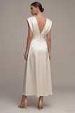 Ivory Satin A Line V Neck Engagement Dress with Cap Sleeves