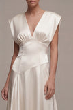 Ivory Satin A Line V Neck Engagement Dress with Cap Sleeves