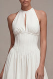 White Halter Cut Out A Line Corset Midi Engagement Dress