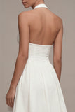 White Halter Cut Out A Line Corset Midi Engagement Dress