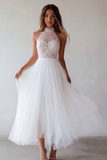 Halter A Line White Tulle Lace Engagement Dress