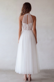 Halter A Line White Tulle Lace Engagement Dress