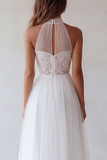 Halter A Line White Tulle Lace Engagement Dress