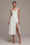 Ivory Satin A Line Midi Engagement Dress with Slit