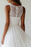 Round Neck A Line White Tulle Lace Engagement Dress