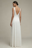 White Satin A Line V Neck Maxi Bridal Dress