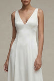 White Satin A Line V Neck Maxi Bridal Dress