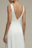 White Satin A Line V Neck Maxi Bridal Dress