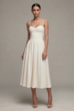 A Line White Pleated Midi Engagement Dress