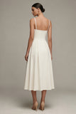 A Line White Pleated Midi Engagement Dress