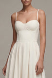 A Line White Pleated Midi Engagement Dress