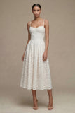 White Lace A Line Pleated Midi Engagement Dress