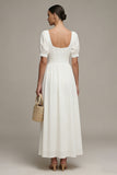White A Line Maxi Engagement Dress with Short Sleeves