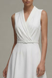 White Shawl Lapel A Line Midi Work Dress with Belt