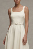 Ivory Satin A Line Midi Engagement Dress with Belt