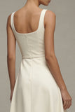 Ivory Satin A Line Midi Engagement Dress with Belt