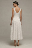 Jacquard Ivory A Line V Neck Midi Engagement Dress