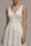 Jacquard Ivory A Line V Neck Midi Engagement Dress